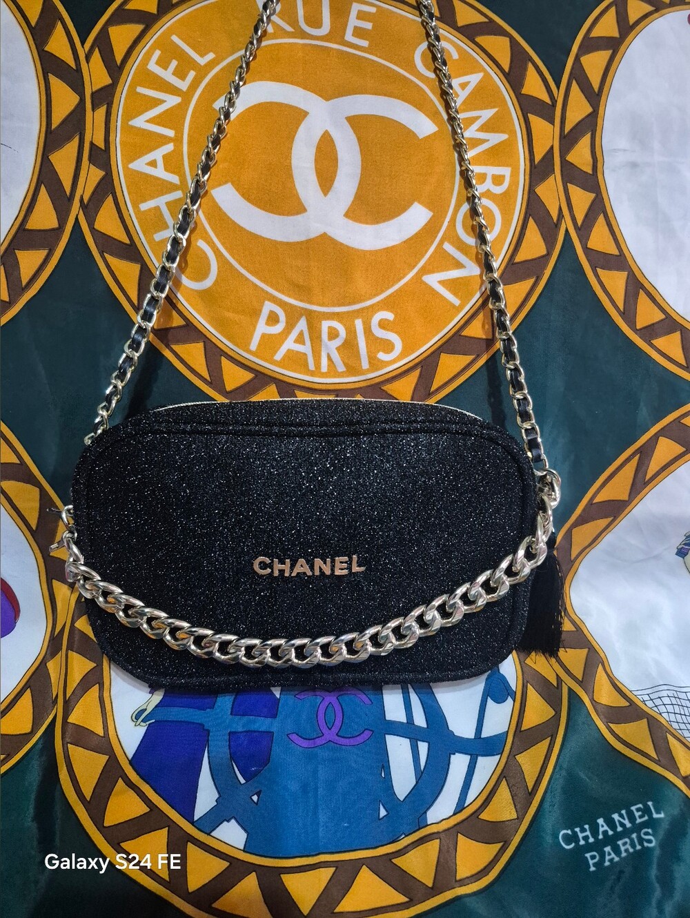 CHANEL Black Glitter Chain Crossbody Bag